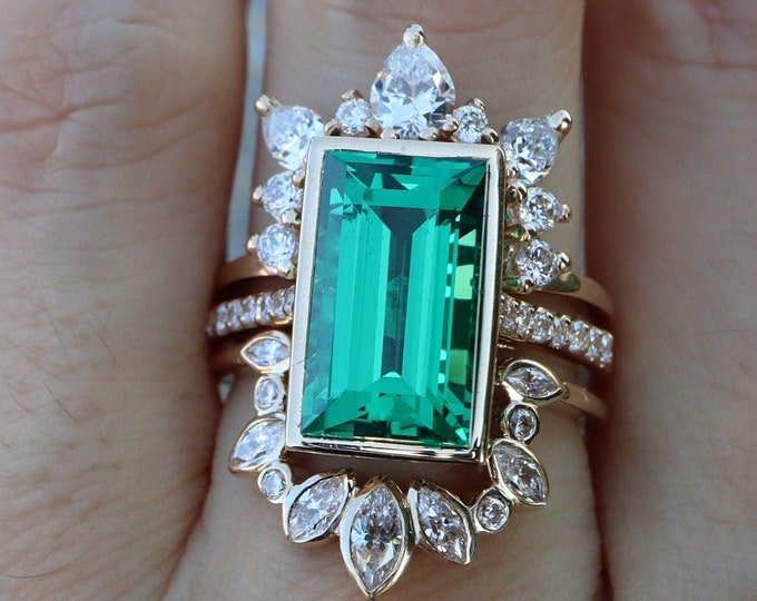 Rectangle Emerald Halo Bridal 3 Ring Set-14k Gold Large Green Emerald Engagement Ring Set w/ 2 Wedding Band-5ct Emerald Cut Green Stone Ring