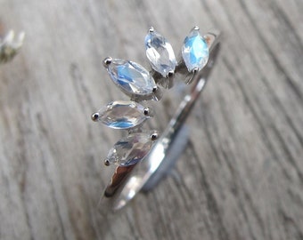 Genuine Moonstone Contour Wedding Band- Marquise Moonstone Curved Nesting Band- Natural Moonstone Stack Prong Band