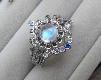 Antique Moonstone Sapphire 3 Ring Set- Round Moonstone Halo Vintage Engagement Rings- Moonstone White Gold Bridal Ring w/ 2 Wedding Band