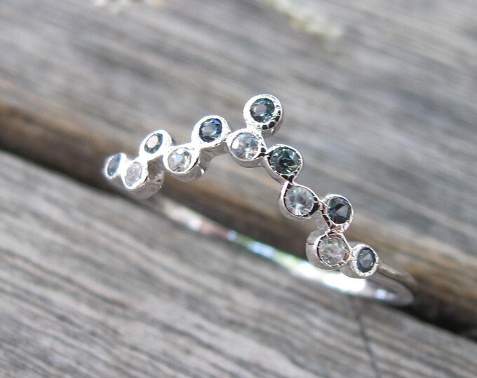 Natural Sapphire Contour Wedding Dainty Band- Blue White Sapphire Curve Nesting V Band- Stackable Wedding Band to Fit Your Engagement Ring