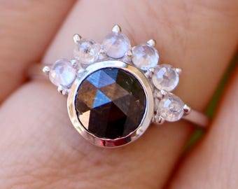 Genuine Round 1.21ct Rose Cut Black Diamond Solid 14k White Gold Ring- Natural Diamond Halo Rose Cut Natural Ring