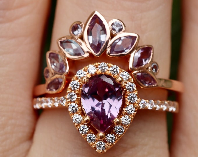 Teardrop Purple Alexandrite 14k Gold Engagement Ring with Alexandrite Contour Wedding Band