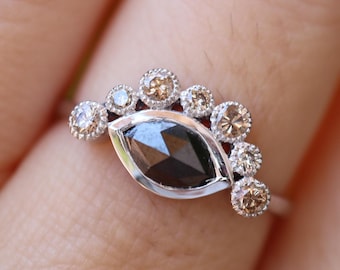 Genuine Marquise 0.63ct Black Diamond Solid 18k White Gold Ring- Champagne Diamond Halo Dainty Eye Ring- Rose Cut Natural Diamond Ring