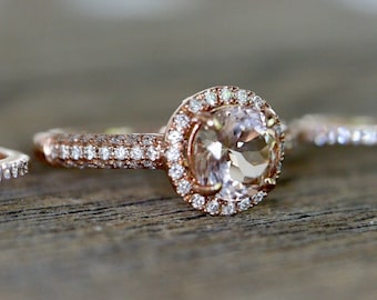 Round Genuine Morganite Halo Ring Set for Her- 1.09ct Natural Peach Morganite Engagement Ring w/ Diamond Wedding Band in Solid 14k Rose Gold