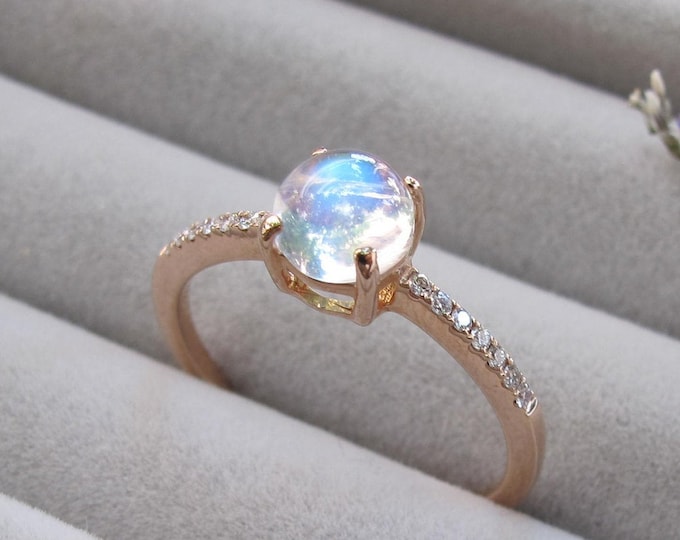 Round Cabochon Moonstone Engagement Ring- Moonstone Diamond Dainty Promise Ring for Her- Genuine 6mm Moonstone Solitaire Prong Ring