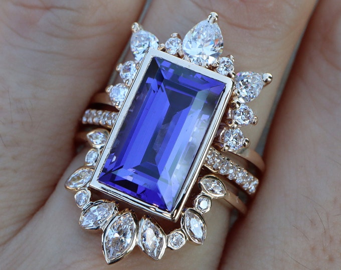 Rectangle Tanzanite Halo Bridal 3 Ring Set- 14k Gold Large Tanzanite Engagement Ring Set w/ 2 Wedding Band- Emerald Cut Blue Stone Ring