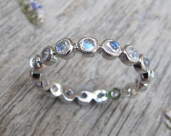 Moonstone Eternity Women’s Wedding Band- Cabochon Moonstone Round Nesting Band- Moonstone White Gold Stack Band- Milgrain Moonstone Band