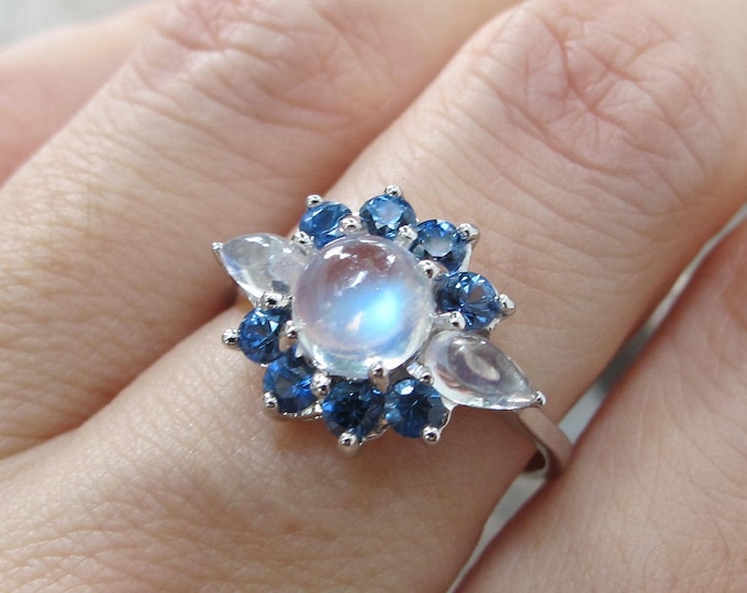 Round Moonstone Sapphire Promise Ring- Moonstone Halo Blue Sapphire White Gold Ring- Antique Moonstone Anniversary Solitaire Ring