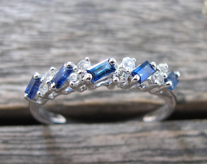 Genuine Sapphire Deco Women Wedding Band- Sapphire Baguette White Gold Band- Alternating Blue and White Sapphire Half Eternity Band