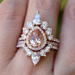 Teardrop Genuine Morganite Halo Bridal 3 Ring Set for Her- Pear Natural Morganite Halo Engagement Ring Set w/ 2 Wedding Band in 14k Gold