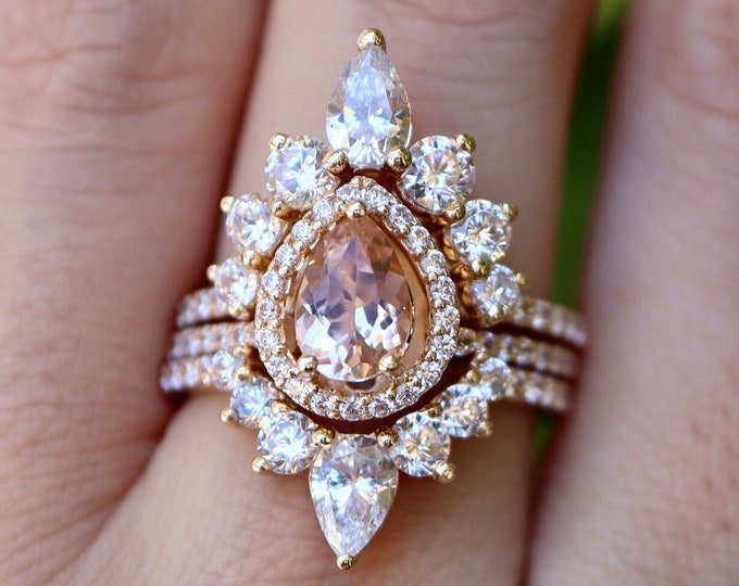 Teardrop Genuine Morganite Halo Bridal 3 Ring Set for Her- Pear Natural Morganite Halo Engagement Ring Set w/ 2 Wedding Band in 14k Gold