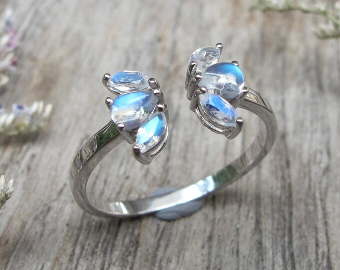 Genuine Moonstone Open Cuff Band- Cabochon Moonstone Teardrop Marquise Band- Natural Moonstone Solid Gold Ring- Iridescent Split Ring