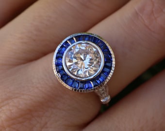 2ct Round Moissanite Halo Sapphire Deco Engagement Ring-Genuine Baguette Blue Sapphire Solitaire Vintage Ring-Alternative Clear Promise Ring