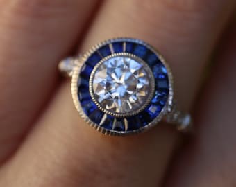 1 Carat Moissanite Halo Sapphire Deco Engagement Ring- Genuine Baguette Blue Sapphire Solitaire Vintage Ring- Alternative Clear Promise Ring