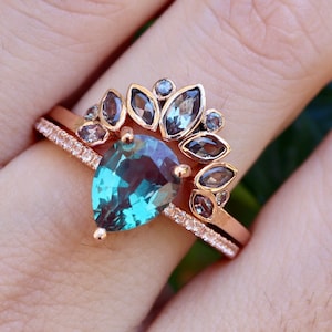 Pear Alexandrite Halo Bridal 2 Ring Set- Teardrop Color Change Alexandrite 14k Gold Engagement Ring with Alexandrite Wedding Band