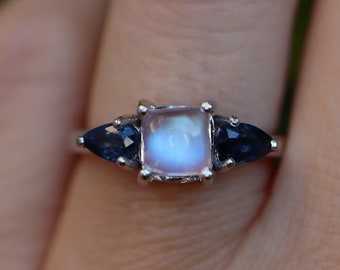 Three Stone Moonstone Sapphire Promise 14k Ring for Her- Square Genuine Moonstone with Pear Blue Sapphire Ring- Moonstone Anniversary Ring