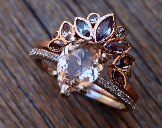 Genuine Pear Morganite Halo Bridal 2 Ring Set- 9x7mm Teardrop Natural Morganite Engagement with Lab Alexandrite Contour Wedding Band