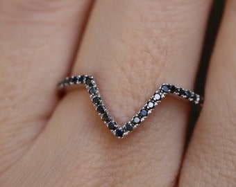 Genuine Black Diamond Chevron Wedding Band- Natural Round Brilliant Black Diamond V Engagement Band- Customizable Contour Bridal Band
