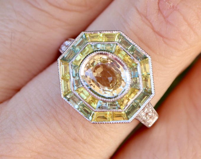 Oval 1.55ct Light Yellow Sapphire Deco Engagement Ring- Double Halo Baguette Green and Yellow Sapphire Solitaire Solid 18k White Gold Ring