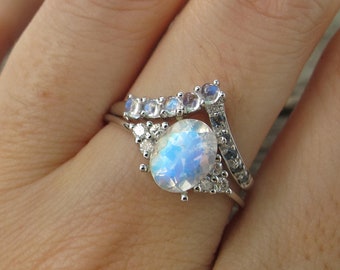 Oval Moonstone Diamond Sapphire Engagement Ring Set- Blue Moonstone Bridal 2 Ring Set- White Gold Ring w/ Moonstone Sapphire Wedding Band