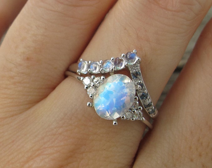 Oval Moonstone Diamond Sapphire Engagement Ring Set- Blue Moonstone Bridal 2 Ring Set- White Gold Ring w/ Moonstone Sapphire Wedding Band
