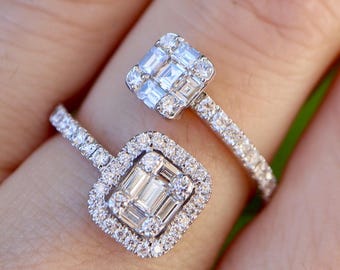 Illusion Genuine Diamond Deco Toi Et Moi  Ring- Solid 18k White Gold  Dual Ring-Anniversary Real Natural Baguette Diamond Gift Ideas for Her