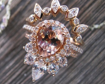 Solid 14k Gold Genuine Morganite Halo Bridal 3 Ring Set for Her