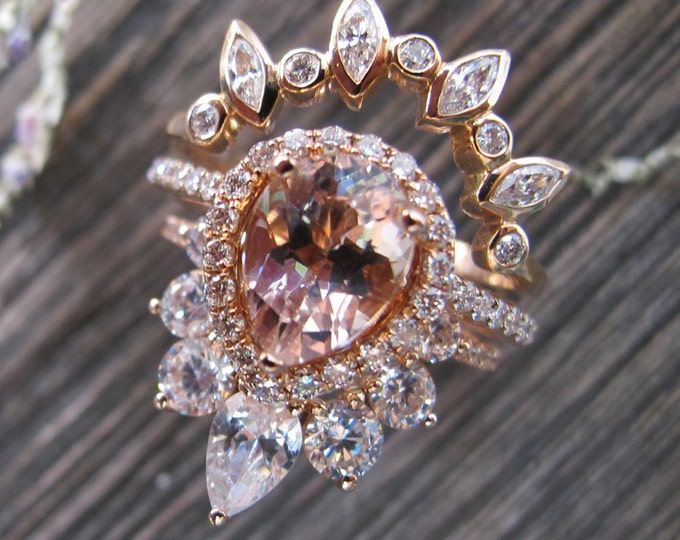 Solid 14k Gold Genuine Morganite Halo Bridal 3 Ring Set for Her