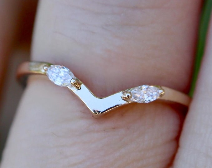 Simple Chevron Wedding 14k Gold Band- Marquise Moissanite Contour V Shape 18k White Gold Band- Curve 10k Rose Gold Enhancer Guard Band