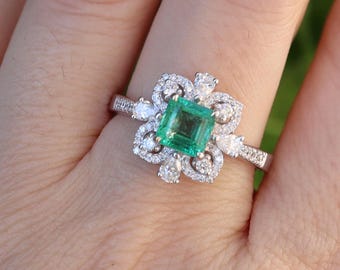 Genuine Green 1.10ct Emerald Halo Diamond Engagement Ring- Solid 18k White Gold Emerald Solitaire Ring- Natural Real Emerald Promise Ring