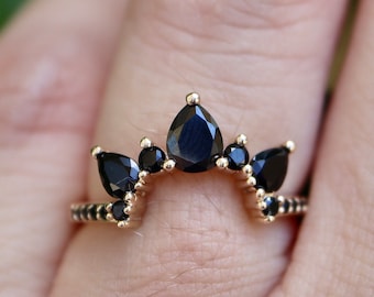 Pear Black Onyx Wedding 10k 14k 18k Band for Emerald Cushion Asscher Shape Ring