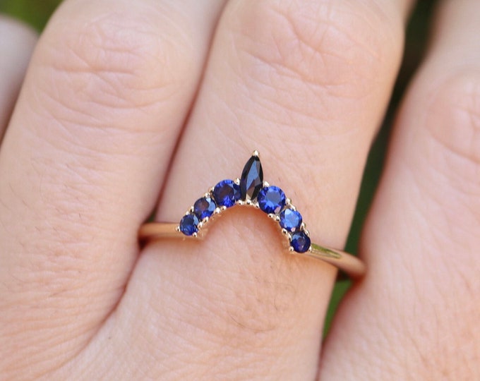 Genuine Blue Sapphire Dainty Curved Band- Natural Blue Sapphire Contour Nesting Petite Band- Semi Half Circle Brilliant Marquise Gold Band