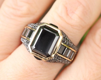 Genuine Large Black Diamond Octagon Men Women Unisex Wedding Band- Rectangle Baguette Natural Black Diamond Statement Solid 18k Gold Ring
