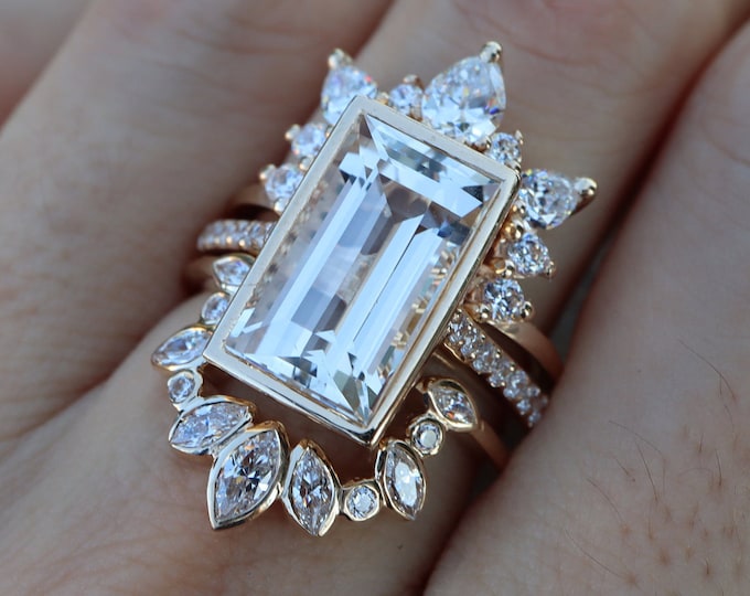 Rectangle White Topaz Halo Bridal 3 Ring Set- 14k Gold Large White Topaz Engagement Ring Set w/ 2 Wedding Band- Emerald Cut Clear Stone Ring