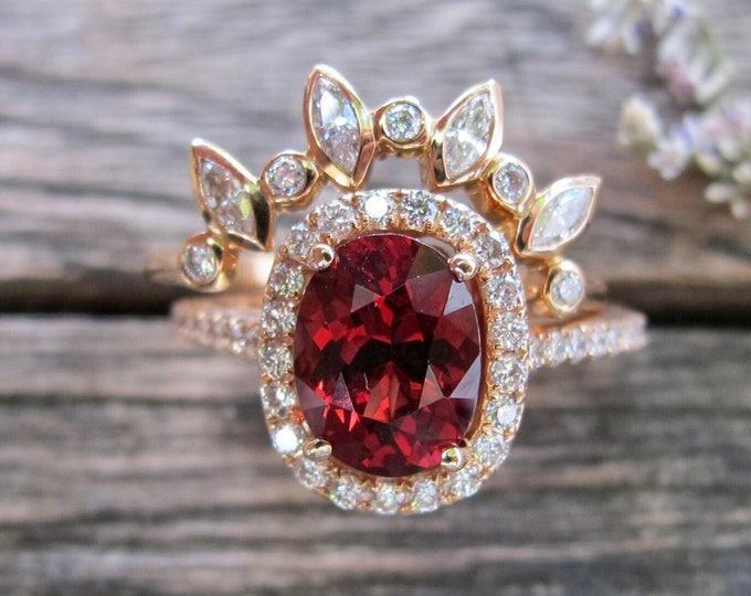 Genuine Oval Garnet Bridal 2 Ring Set-Natural Red 2ct Garnet Halo Engagement 14k 18k Ring Set w/Diamond Wedding Band-January Birthstone Ring