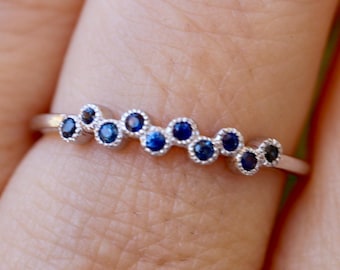 Genuine Dark Blue Sapphire Deco Wedding 14k White Gold Band- Round Milgrain Bubble Dot Cluster Natural Sapphire 18k Yellow Gold Band