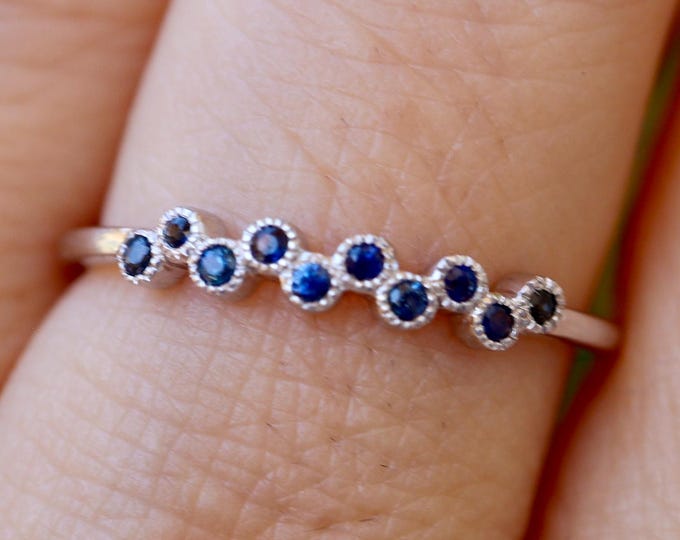 Genuine Dark Blue Sapphire Deco Wedding 14k White Gold Band- Round Milgrain Bubble Dot Cluster Natural Sapphire 18k Yellow Gold Band
