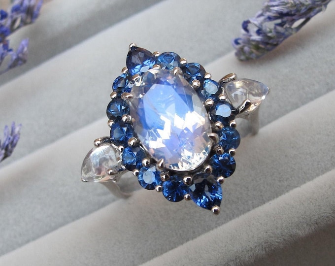 Moonstone Halo Sapphire Engagement Ring- Oval Large Moonstone Promise Ring- Antique Moonstone White Gold Ring- Moonstone Anniversary Ring