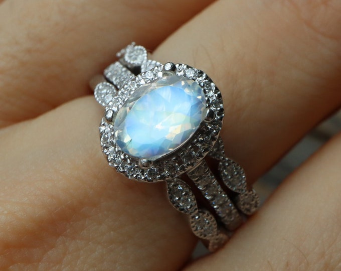 Oval Genuine Moonstone Halo Bridal Ring Set- Natural Moonstone Engagement 3 Ring Set- 14k 18k White Gold Moonstone Ring w/ Two Wedding Band