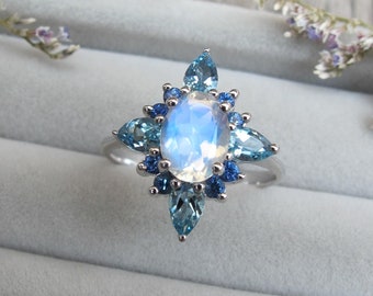 Moonstone Halo Aquamarine Engagement Ring- Oval Moonstone Promise Ring- Antique Moonstone White Gold Ring- Moonstone Anniversary Ring