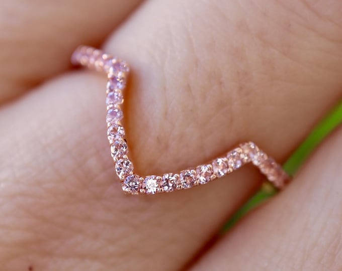 Pink Morganite Chevron V Shape Contour Wedding Band in 10k 14k 18k Gold