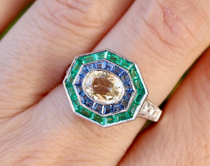 Oval 1.28ct Light Yellow Sapphire Deco Engagement Ring- Double Halo Baguette Green Emerald and Blue Sapphire Solitaire 18k White Gold Ring