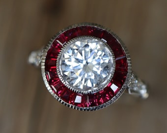 Halo Genuine Ruby and Moissanite Deco Engagement Ring- Genuine Natural Baguette Red Ruby Solitaire Vintage Ring- Alternative Promise Ring