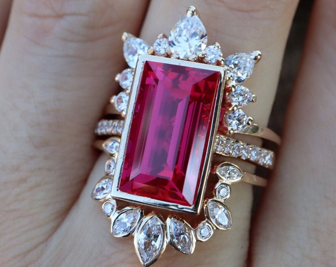 Rectangle Ruby Halo Bridal 3 Ring Set- 14k Gold Large Ruby Emerald Engagement Ring Set w/ 2 Wedding Band- Emerald Cut Red Stone Ring