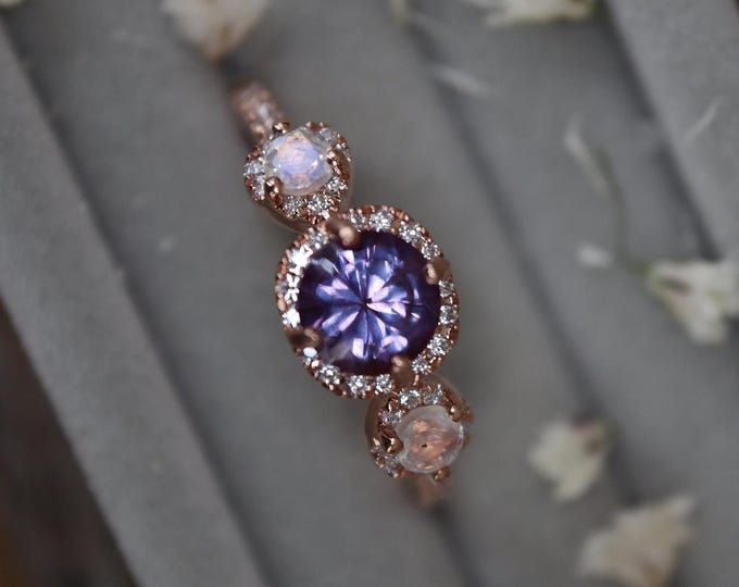 Round Alexandrite Moonstone Three Stone Engagement Ring- Color Change Alexandrite Solid Gold Promise Ring-Purple Blue Color Anniversary Ring
