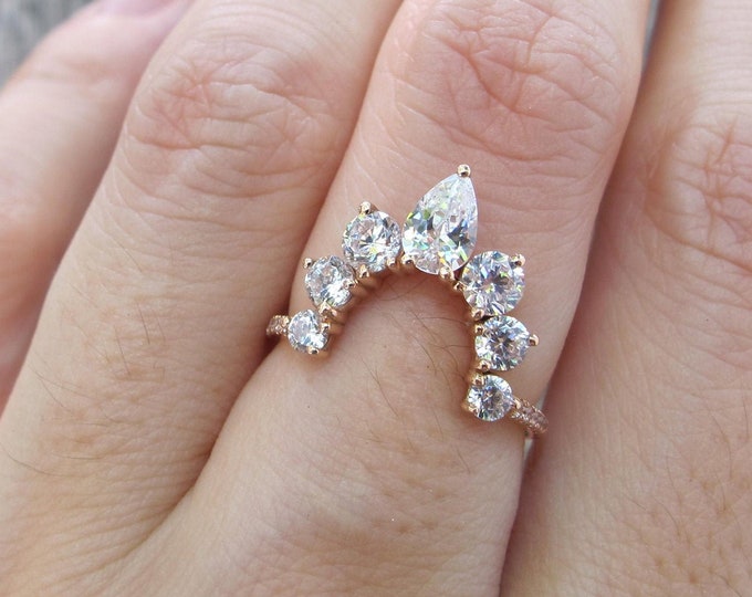 Elongated Curved Wedding Vintage Band- Contour 7 Round Large Stackable Pairing Band- Statement Layering Band- Graduated Diamond Band
