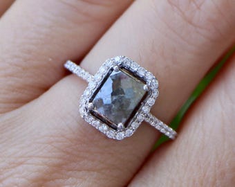 Genuine 1.03ct Gray Diamond Deco Rectangle Halo Engagement Ring- Natural Gray Emerald Cut Diamond 14k White Gold Solitaire Ring