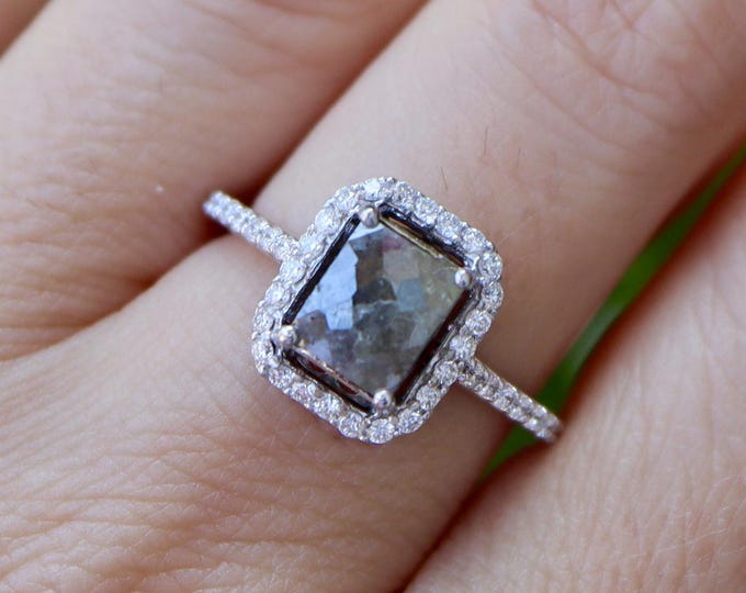 Genuine 1.03ct Gray Diamond Deco Rectangle Halo Engagement Ring- Natural Gray Emerald Cut Diamond 14k White Gold Solitaire Ring