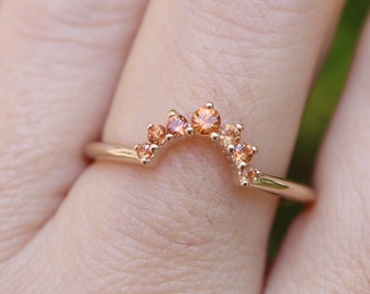 Genuine Orange Sapphire Dainty Curved Band- Natural Round Graduated Sapphire Contour Band- Customizable Solid Gold Brilliant Sapphire Band