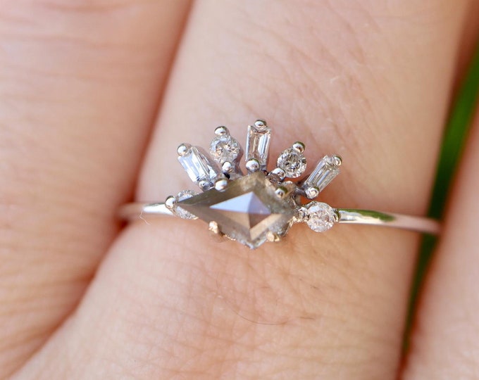 Kite Salt and Pepper Diamond Dainty Promise Ring for Her- Genuine Natural Gray Black Halo Cluster Engagement Thin Ring- White Gold Deco Ring